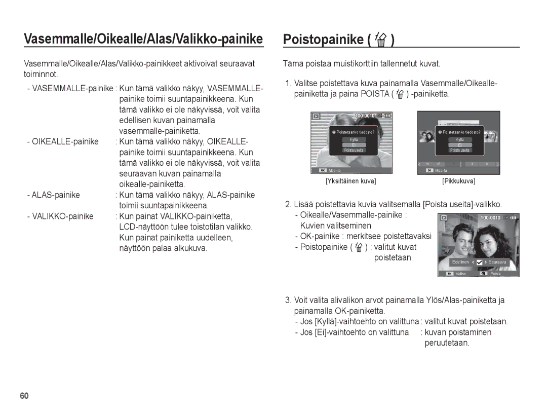 Samsung EC-ST45ZZBPRE2, EC-ST45ZZBPUE2, EC-ST45ZZBPBE2 manual Vasemmalle/Oikealle/Alas/Valikko-painike Poistopainike Õ 