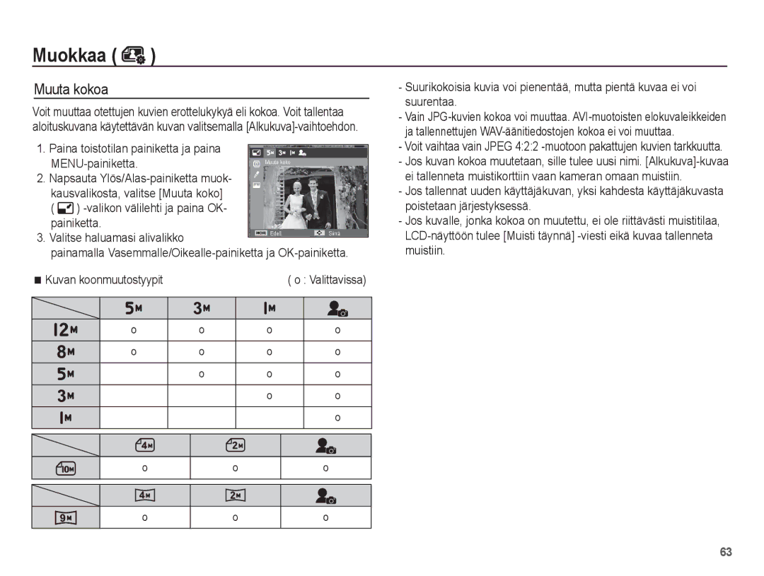 Samsung EC-ST45ZZBPUE2, EC-ST45ZZBPRE2, EC-ST45ZZBPBE2 manual Muokkaa, Muuta kokoa, MENU-painiketta, Kuvan koonmuutostyypit 