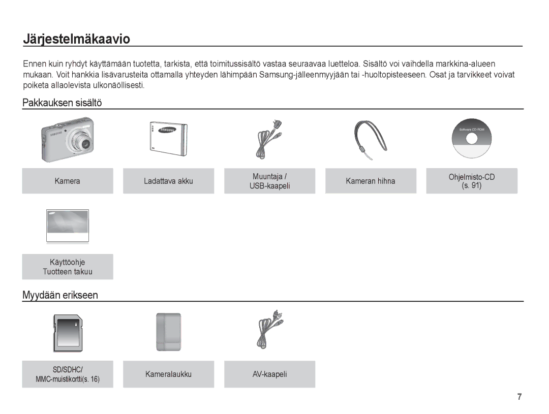 Samsung EC-ST45ZZBPUE2, EC-ST45ZZBPRE2, EC-ST45ZZBPBE2 manual Järjestelmäkaavio, Pakkauksen sisältö, Myydään erikseen 