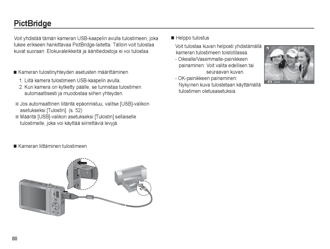 Samsung EC-ST45ZZBPRE2, EC-ST45ZZBPUE2, EC-ST45ZZBPBE2 manual PictBridge, Kameran liittäminen tulostimeen Helppo tulostus 