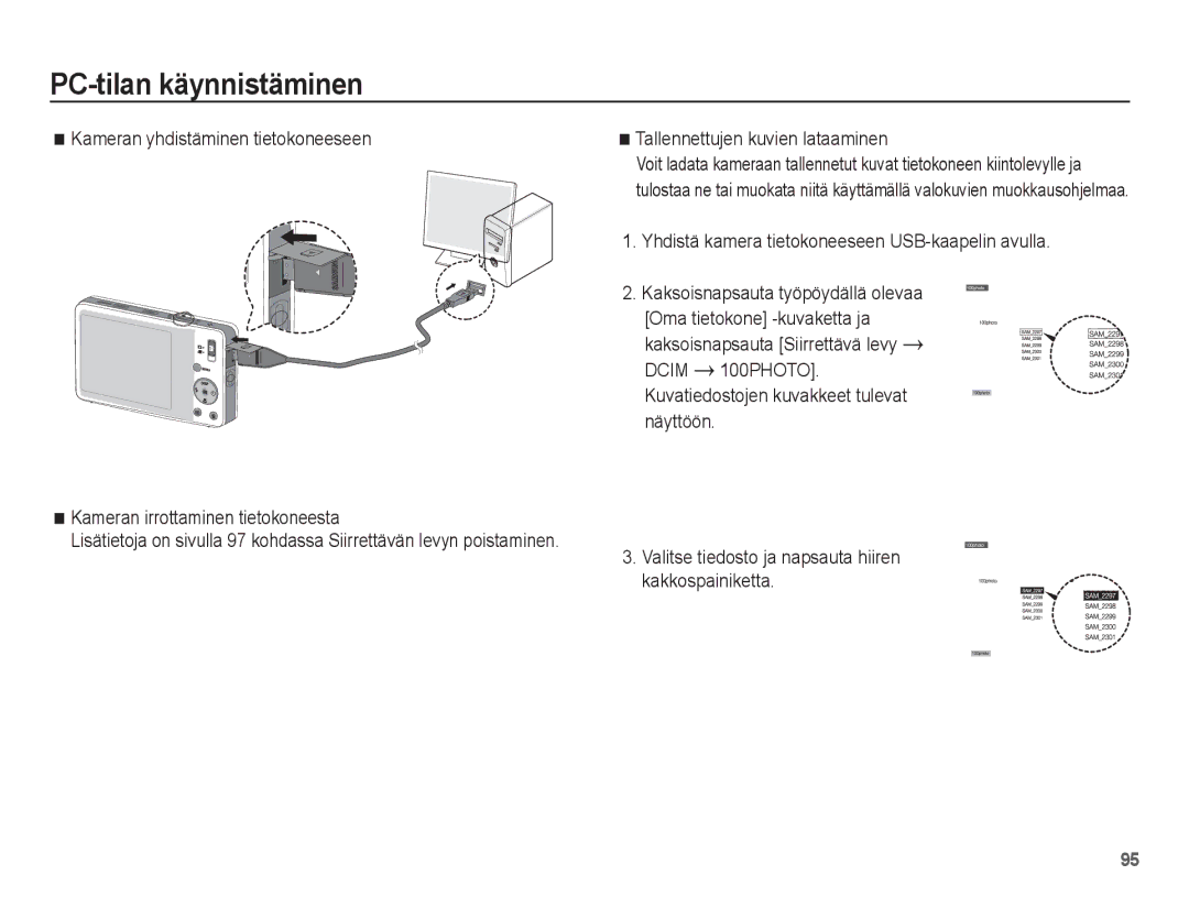 Samsung EC-ST45ZZBPUE2, EC-ST45ZZBPRE2, EC-ST45ZZBPBE2 manual PC-tilan käynnistäminen, Tallennettujen kuvien lataaminen 