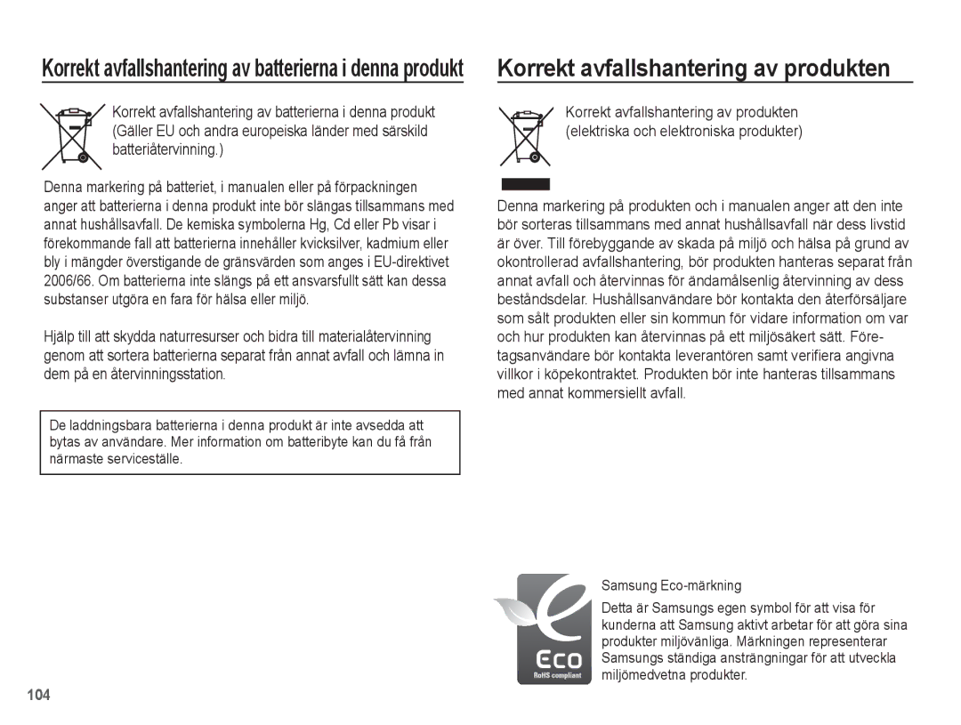 Samsung EC-ST45ZZBPRE2, EC-ST45ZZBPUE2, EC-ST45ZZBPBE2 manual Korrekt avfallshantering av produkten, Samsung Eco-märkning 