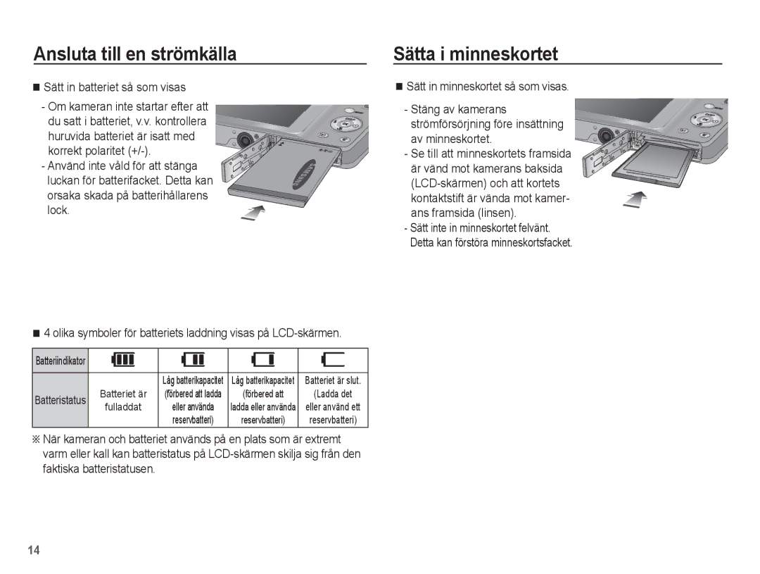 Samsung EC-ST45ZZBPAE2 manual Sätta i minneskortet, Sätt in batteriet så som visas, Sätt in minneskortet så som visas 