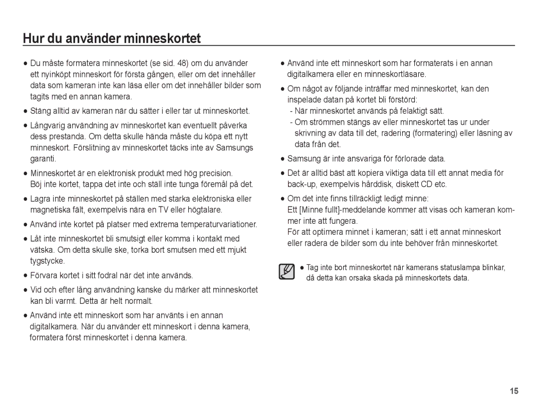 Samsung EC-ST45ZZBPUE2, EC-ST45ZZBPRE2, EC-ST45ZZBPBE2, EC-ST45ZZBPAE2 manual Hur du använder minneskortet 