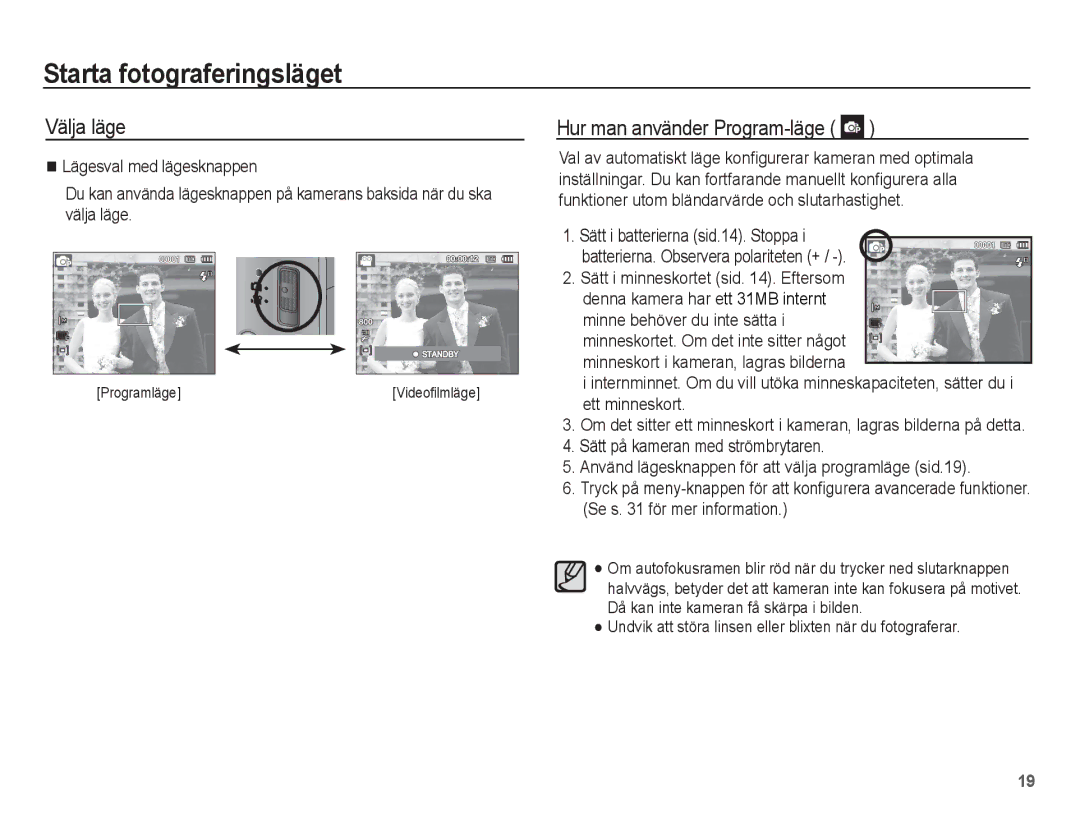 Samsung EC-ST45ZZBPUE2, EC-ST45ZZBPRE2 Starta fotograferingsläget, Välja läge, Hur man använder Program-läge, Programläge 