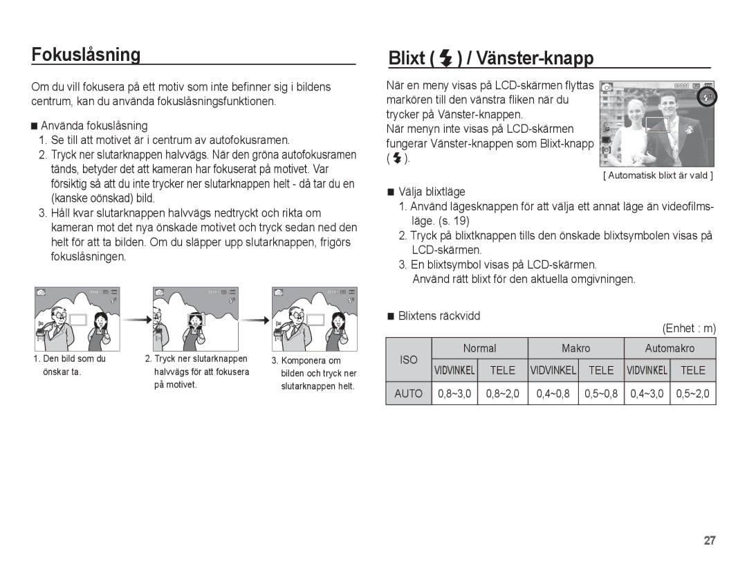 Samsung EC-ST45ZZBPUE2 manual Fokuslåsning, Blixt / Vänster-knapp, Blixtens räckvidd Enhet m, Normal Makro Automakro 