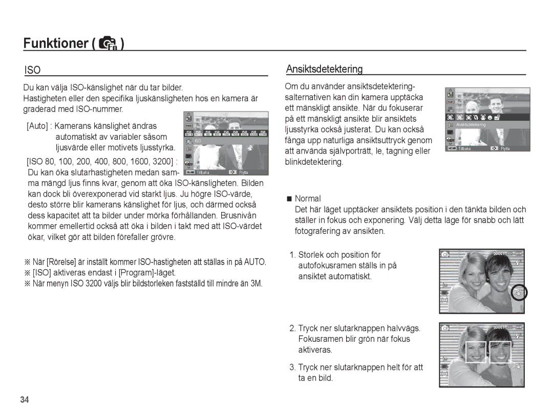 Samsung EC-ST45ZZBPAE2 manual Ansiktsdetektering, Ljusvärde eller motivets ljusstyrka, ISO aktiveras endast i Program-läget 