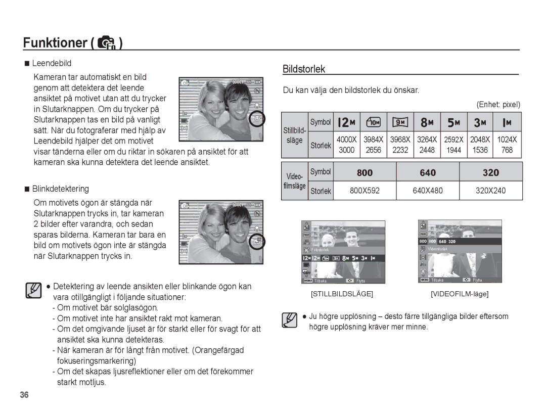 Samsung EC-ST45ZZBPRE2, EC-ST45ZZBPUE2 manual Bildstorlek, Leendebild Kameran tar automatiskt en bild, Blinkdetektering 