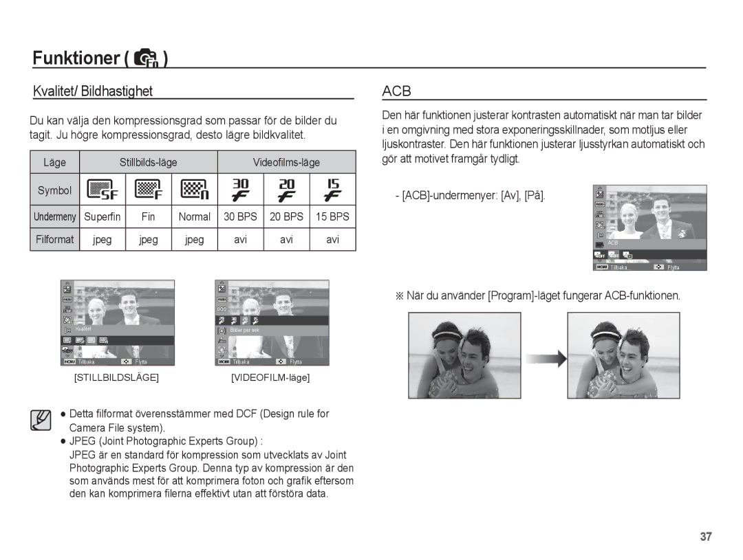 Samsung EC-ST45ZZBPBE2, EC-ST45ZZBPUE2 Kvalitet/ Bildhastighet, ÄNär du använder Program-läget fungerar ACB-funktionen 