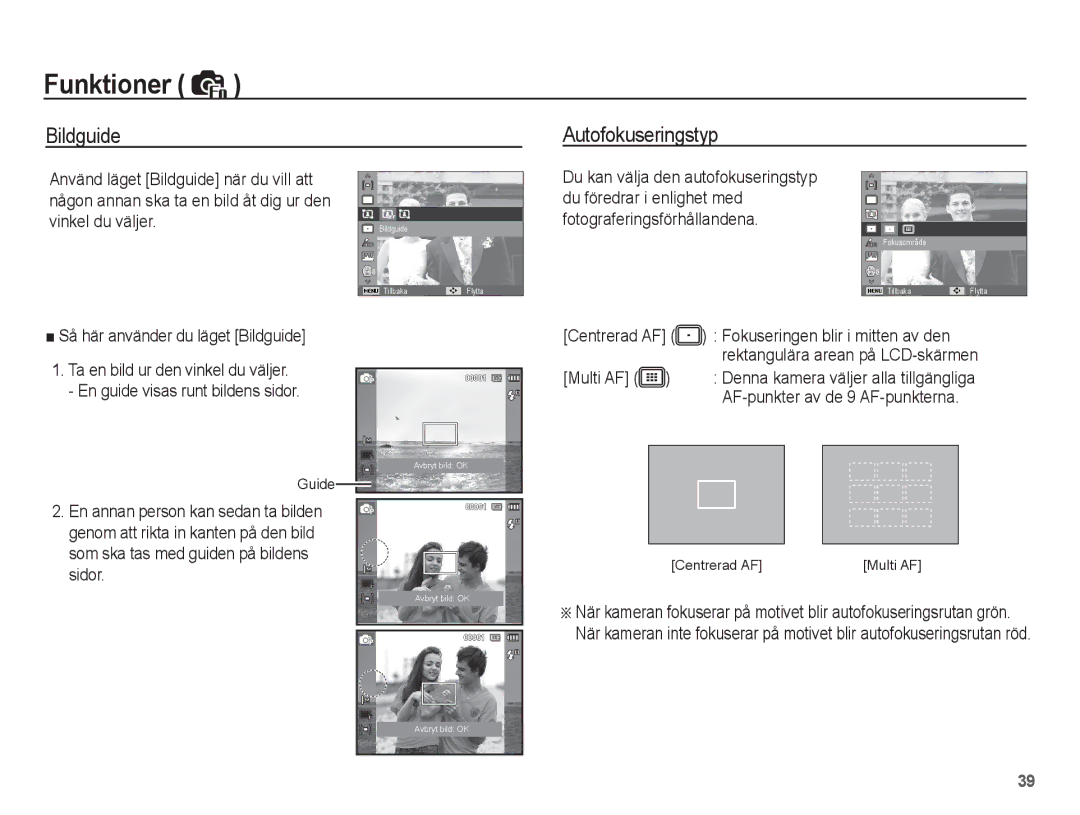 Samsung EC-ST45ZZBPUE2 Bildguide Autofokuseringstyp, Använd läget Bildguide när du vill att, Vinkel du väljer, Multi AF 