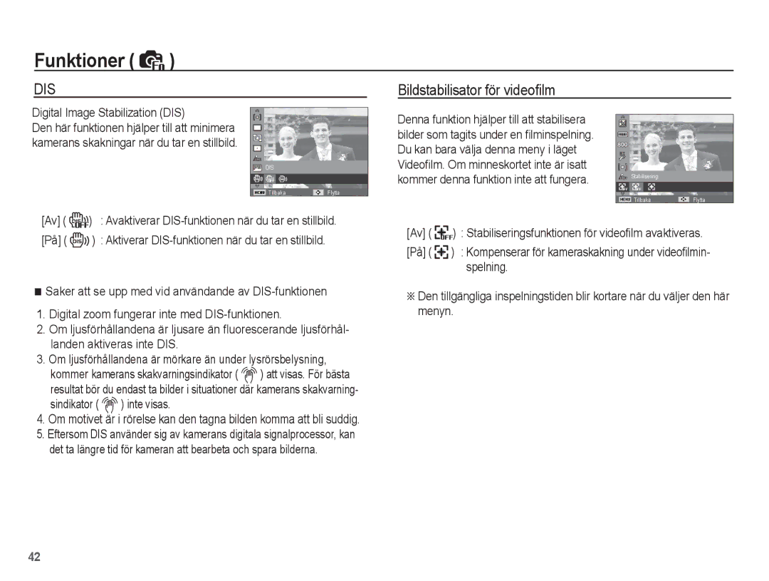 Samsung EC-ST45ZZBPAE2, EC-ST45ZZBPUE2, EC-ST45ZZBPRE2 manual Bildstabilisator för videoﬁlm, Digital Image Stabilization DIS 