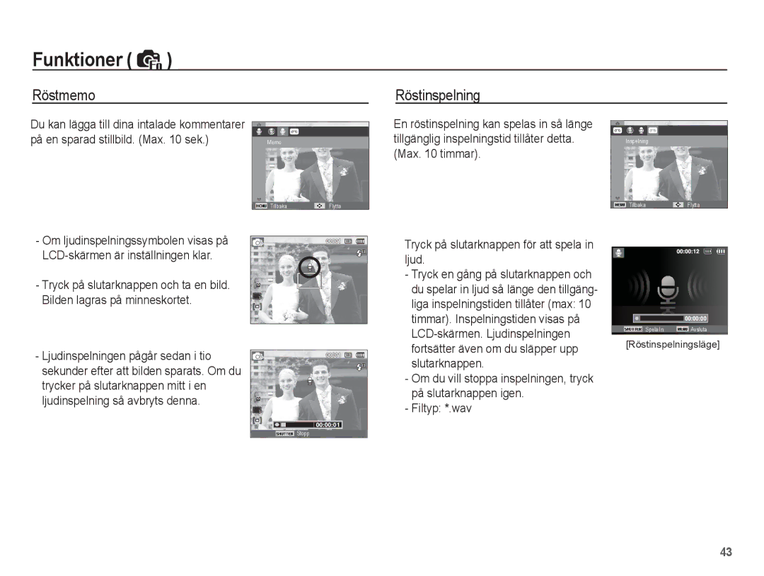 Samsung EC-ST45ZZBPUE2, EC-ST45ZZBPRE2, EC-ST45ZZBPBE2, EC-ST45ZZBPAE2 manual Röstmemo, Röstinspelning 