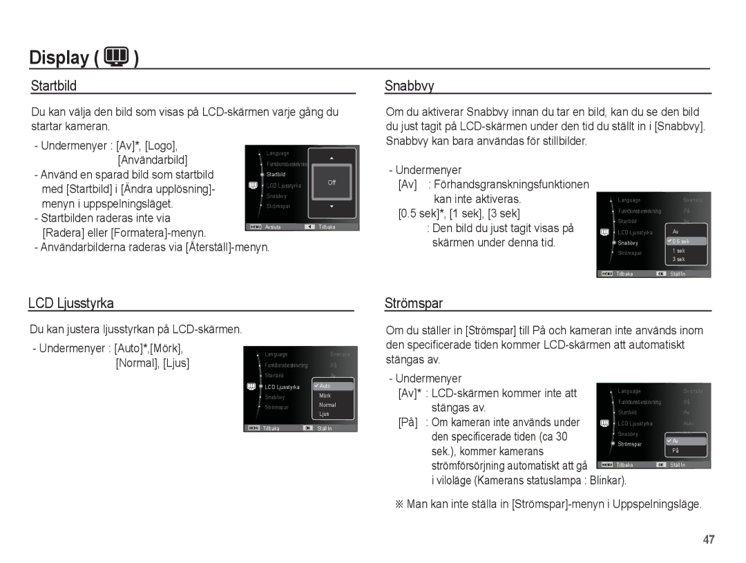 Samsung EC-ST45ZZBPUE2, EC-ST45ZZBPRE2, EC-ST45ZZBPBE2, EC-ST45ZZBPAE2 manual Startbild, Snabbvy, LCD Ljusstyrka, Strömspar 