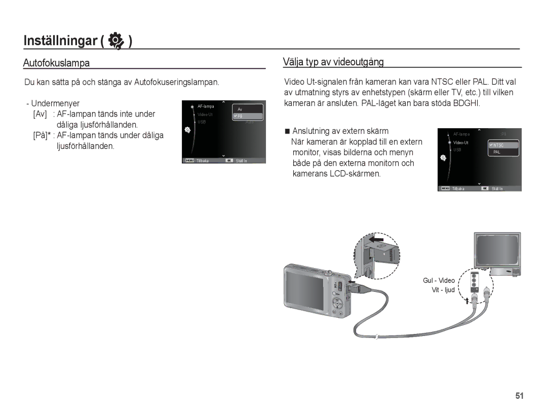 Samsung EC-ST45ZZBPUE2, EC-ST45ZZBPRE2, EC-ST45ZZBPBE2, EC-ST45ZZBPAE2 manual Autofokuslampa, Välja typ av videoutgång 