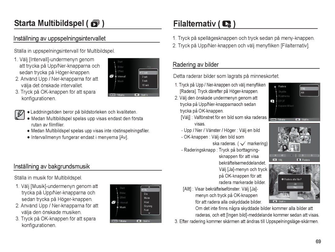 Samsung EC-ST45ZZBPBE2, EC-ST45ZZBPUE2 manual Filalternativ, Inställning av uppspelningsintervallet, Radering av bilder 