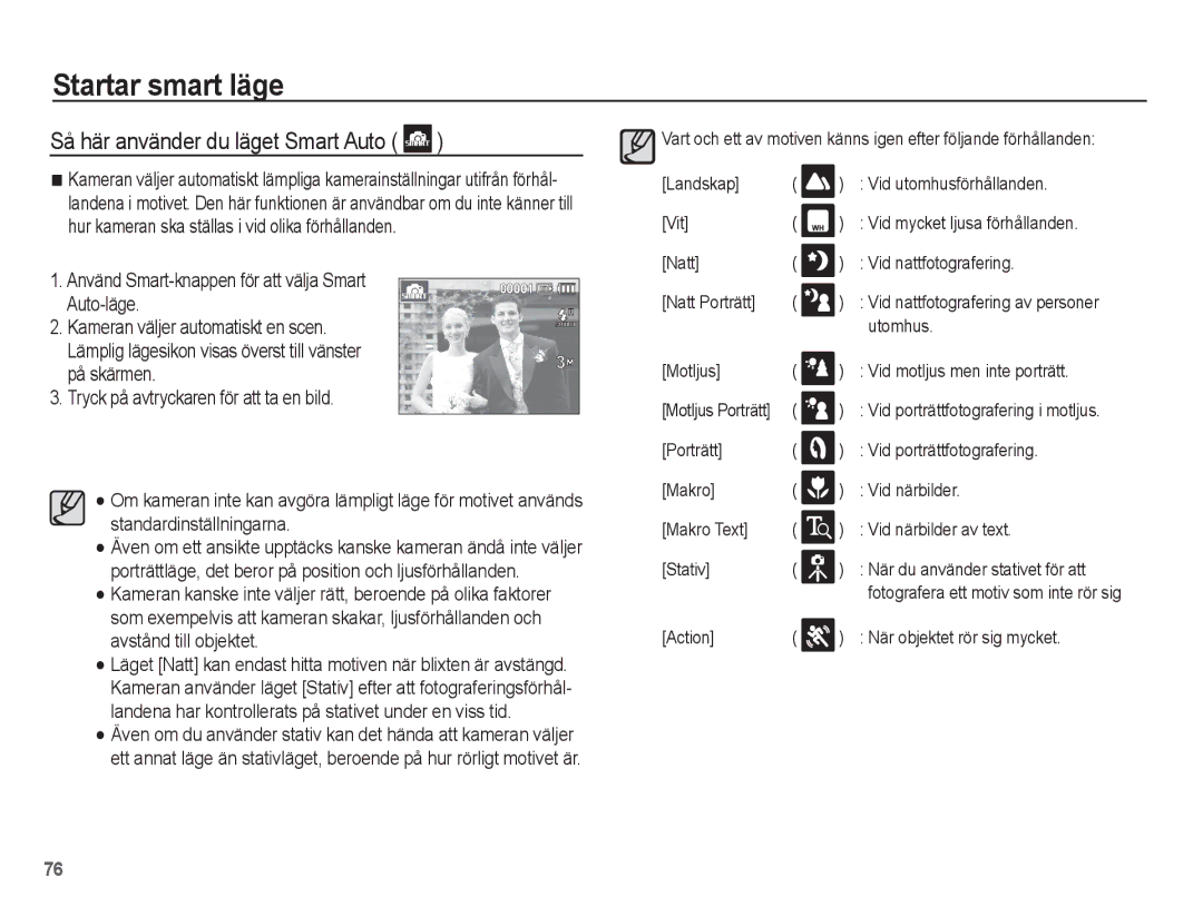 Samsung EC-ST45ZZBPRE2, EC-ST45ZZBPUE2 Så här använder du läget Smart Auto, Utomhus, Motljus Vid motljus men inte porträtt 