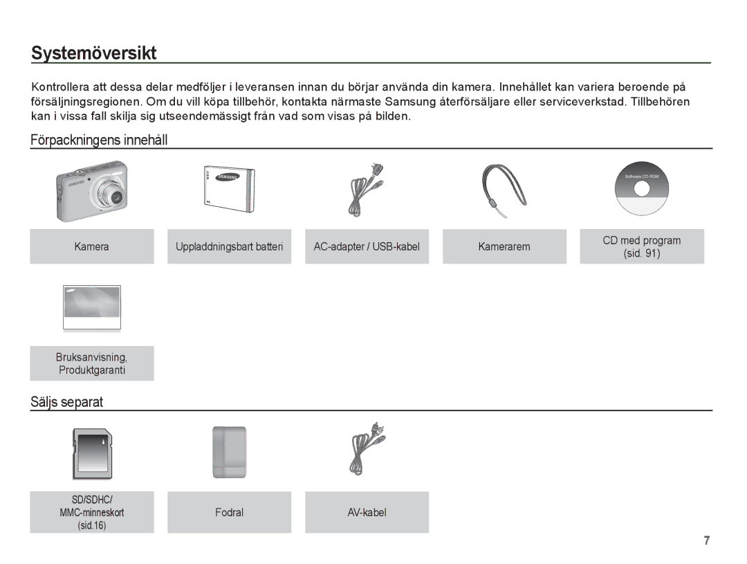 Samsung EC-ST45ZZBPUE2 manual Systemöversikt, Förpackningens innehåll, Säljs separat, Bruksanvisning Produktgaranti 