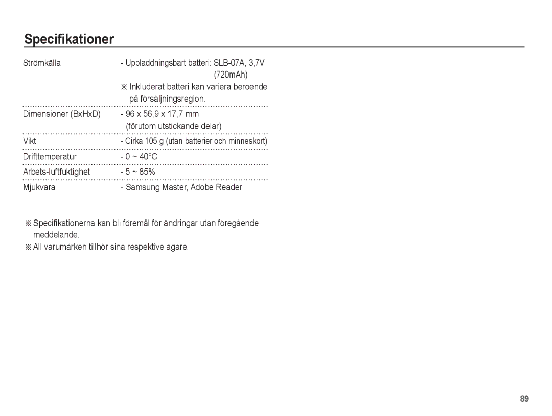 Samsung EC-ST45ZZBPBE2 Strömkälla, 720mAh, På försäljningsregion, 96 x 56,9 x 17,7 mm, Förutom utstickande delar, Vikt 