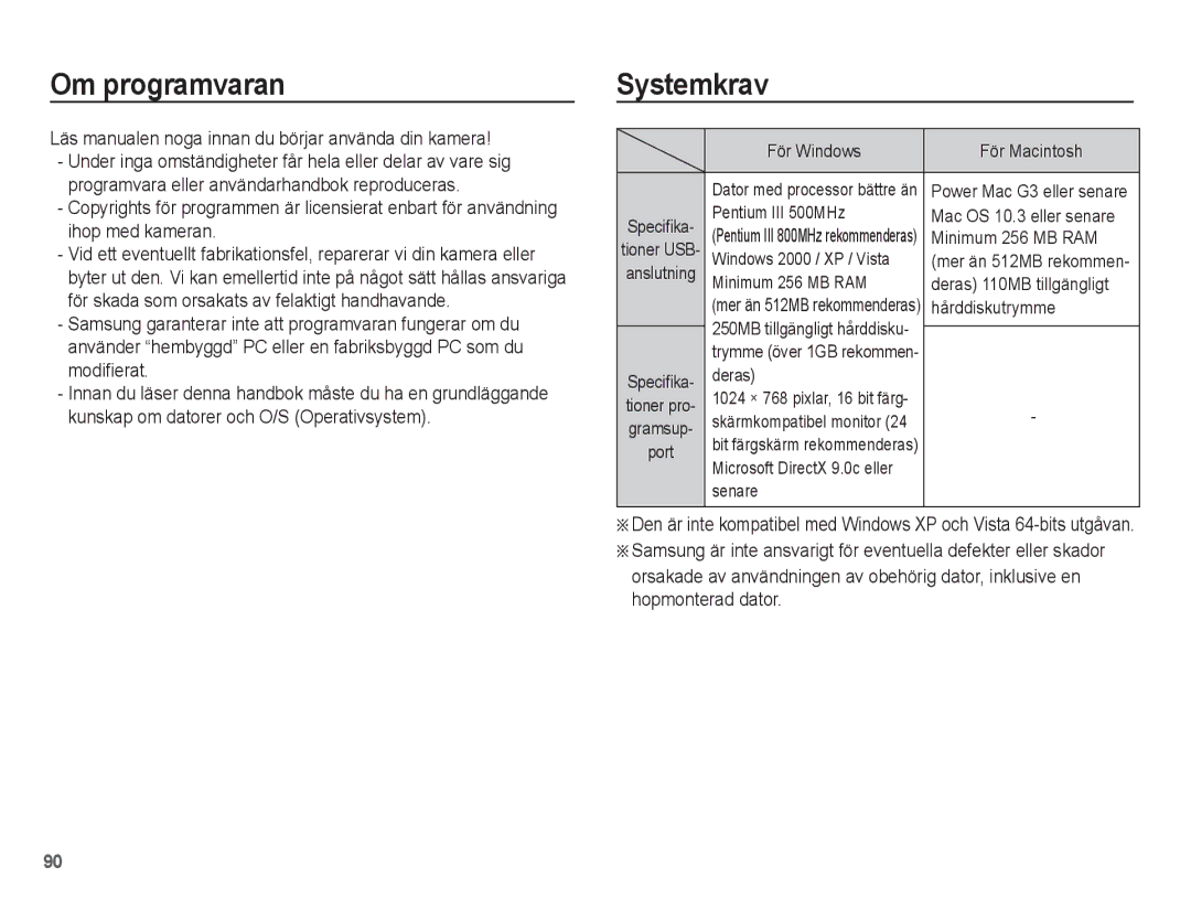 Samsung EC-ST45ZZBPAE2, EC-ST45ZZBPUE2 Om programvaran, Systemkrav, Läs manualen noga innan du börjar använda din kamera 