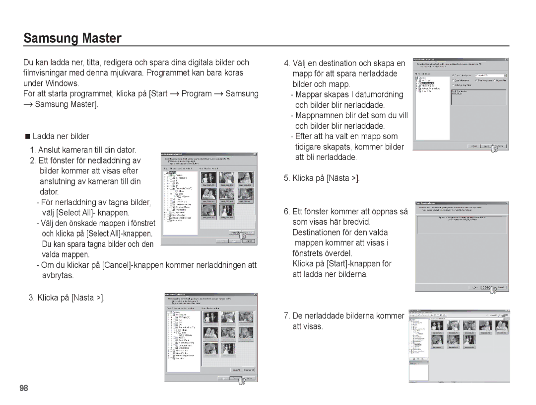 Samsung EC-ST45ZZBPAE2, EC-ST45ZZBPUE2, EC-ST45ZZBPRE2 manual Samsung Master, De nerladdade bilderna kommer att visas 