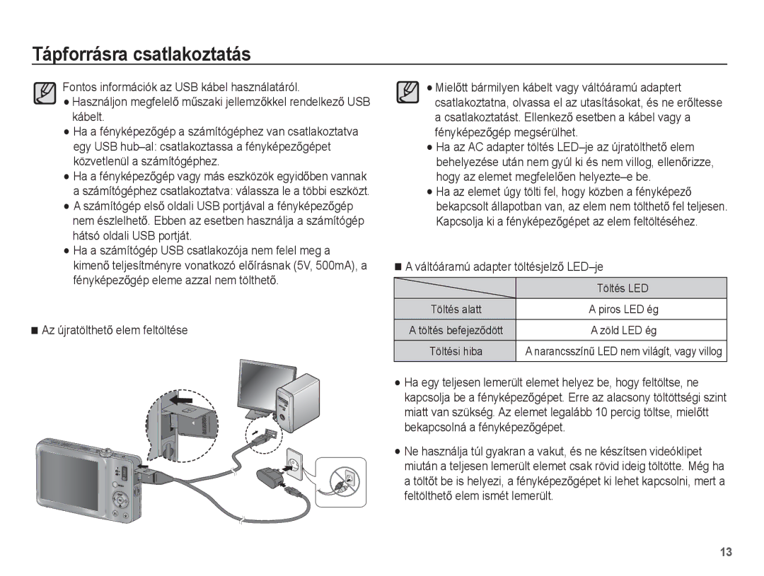 Samsung EC-ST45ZZBPUIT manual Ha a számítógép USB csatlakozója nem felel meg a, Az újratölthetĘ elem feltöltése, Töltés LED 