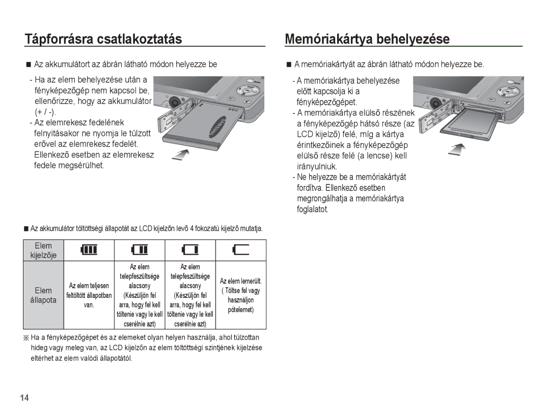 Samsung EC-ST45ZZBPAIT manual Memóriakártya behelyezése, Memóriakártyát az ábrán látható módon helyezze be, Elem KijelzĘje 