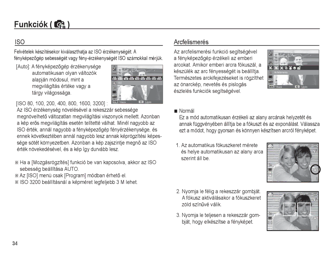 Samsung EC-ST45ZZBPUIT Arcfelismerés, Megvilágítás értéke vagy a Tárgy világossága, Az arcfelismerési funkció segítségével 