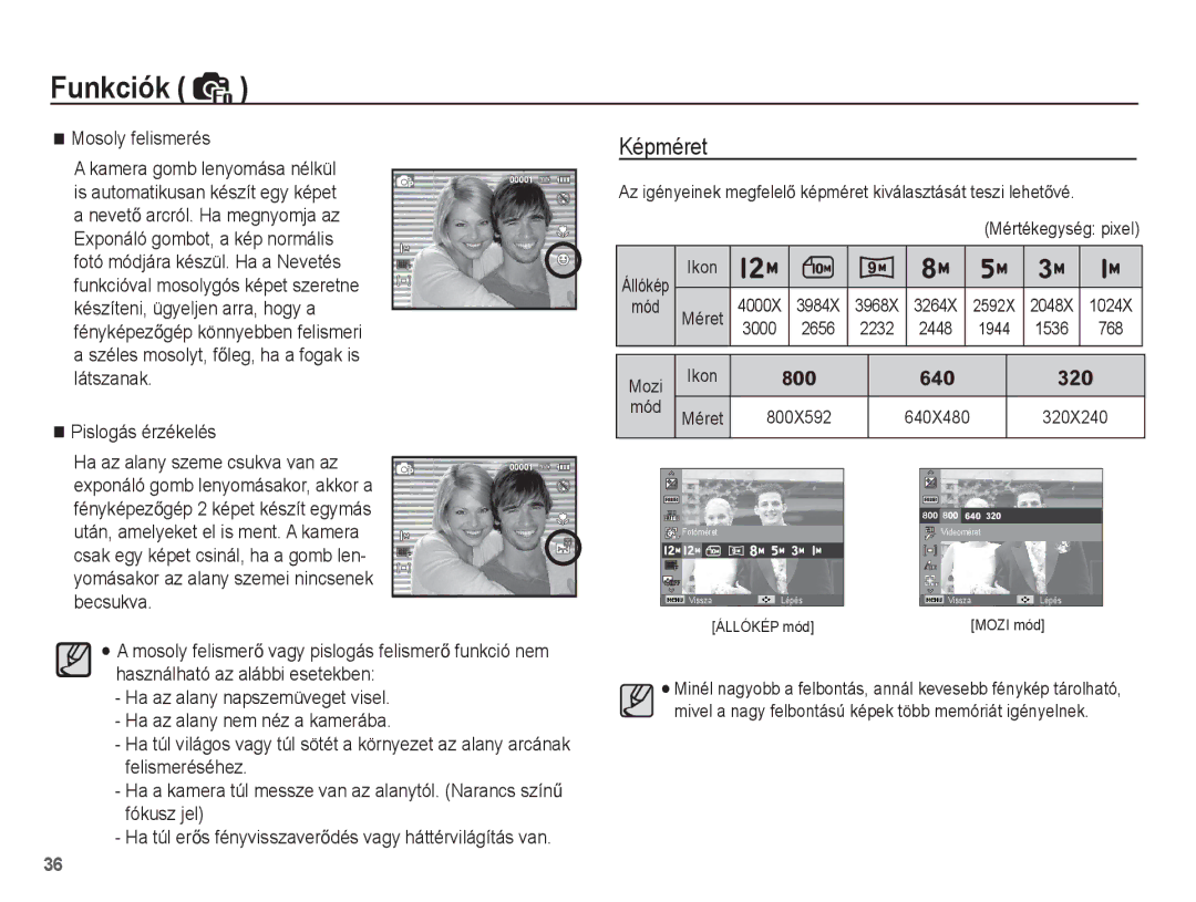 Samsung EC-ST45ZZBPBIT manual Képméret, Mosoly felismerés, Pislogás érzékelés, 3000 2656 2232 2448 1944 1536 768 Mozi 