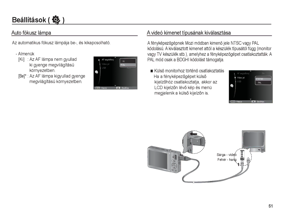 Samsung EC-ST45ZZBPBE3, EC-ST45ZZBPUIT manual Auto fókusz lámpa, Videó kimenet típusának kiválasztása, Környezetben 