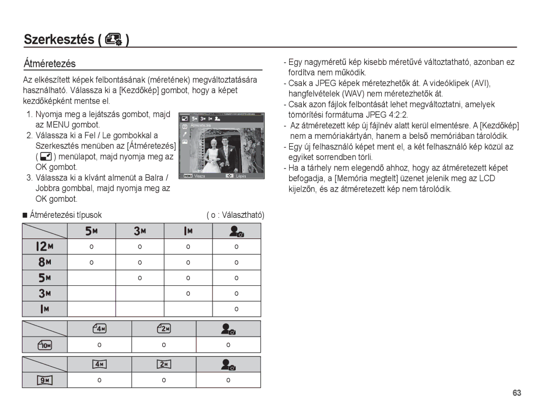 Samsung EC-ST45ZZBPAIT, EC-ST45ZZBPUIT, EC-ST45ZZBPBIT, EC-ST45ZZBPBE3, EC-ST45ZZBPRE3 manual Szerkesztés, Átméretezés 