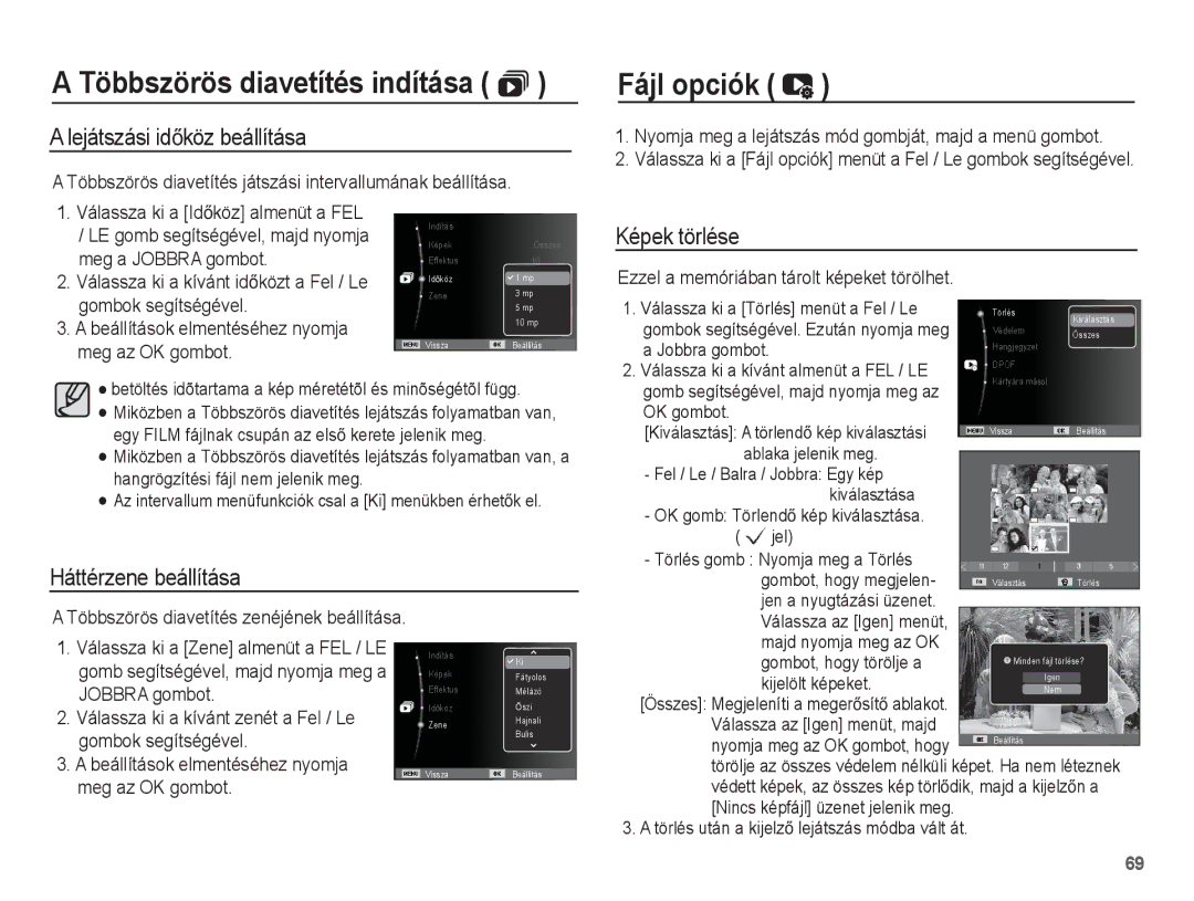 Samsung EC-ST45ZZBPUIT manual Többszörös diavetítés indítása  Fájl opciók, Lejátszási idĘköz beállítása, Képek törlése 