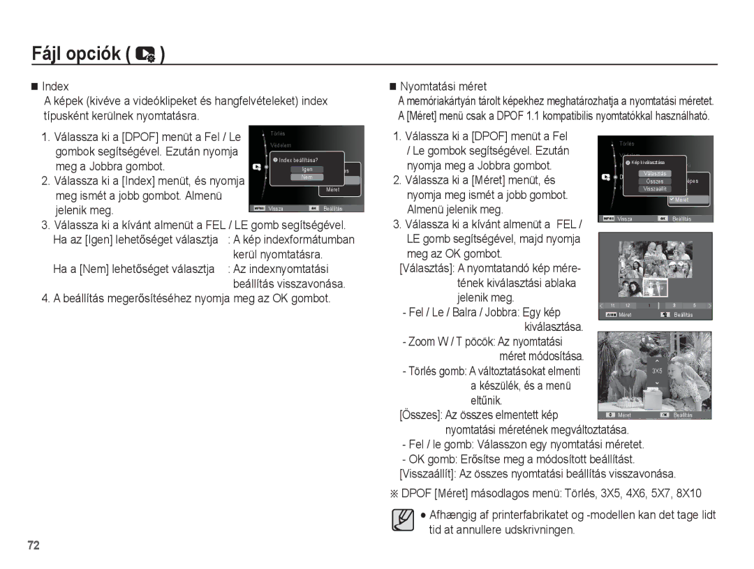 Samsung EC-ST45ZZBPBE3 manual Index, Jelenik meg, Kerül nyomtatásra, Az indexnyomtatási, Válassza ki a Méret menüt, és 