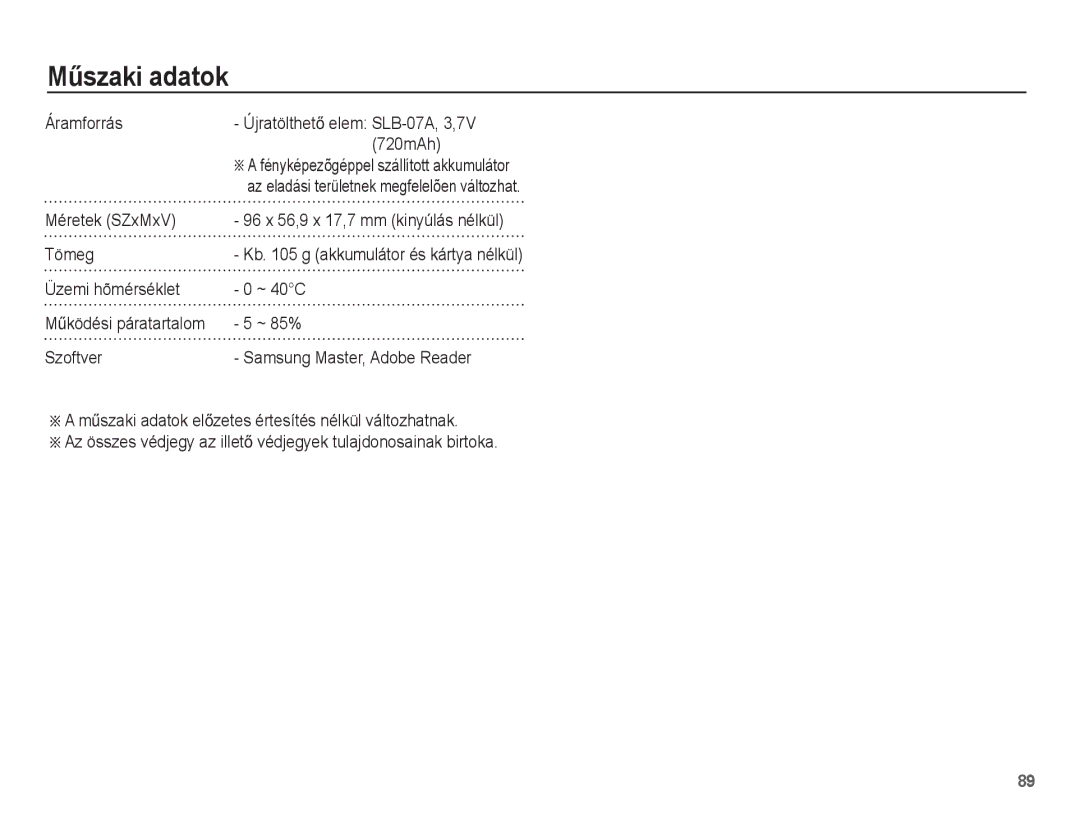 Samsung EC-ST45ZZBPBE2, EC-ST45ZZBPUIT manual Áramforrás, 720mAh, Méretek SZxMxV, Tömeg, Üzemi hõmérséklet ~ 40C, ~ 85% 