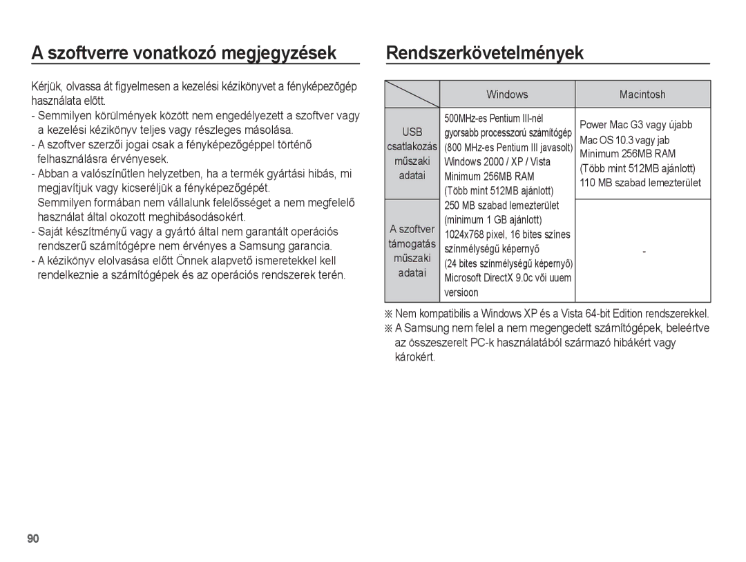 Samsung EC-ST45ZZBPUIT, EC-ST45ZZBPAIT, EC-ST45ZZBPBIT manual Szoftverre vonatkozó megjegyzések, Rendszerkövetelmények 