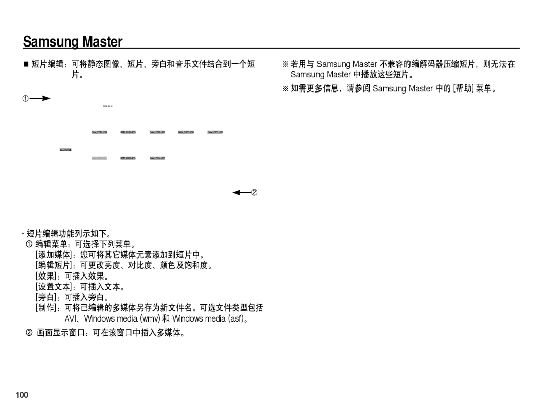 Samsung EC-ST45ZZBPBE3, EC-ST45ZZBPUIT, EC-ST45ZZBPAIT, EC-ST45ZZBPBIT 短片编辑功能列示如下。 ① 编辑菜单：可选择下列菜单。 添加媒体：您可将其它媒体元素添加到短片中。 