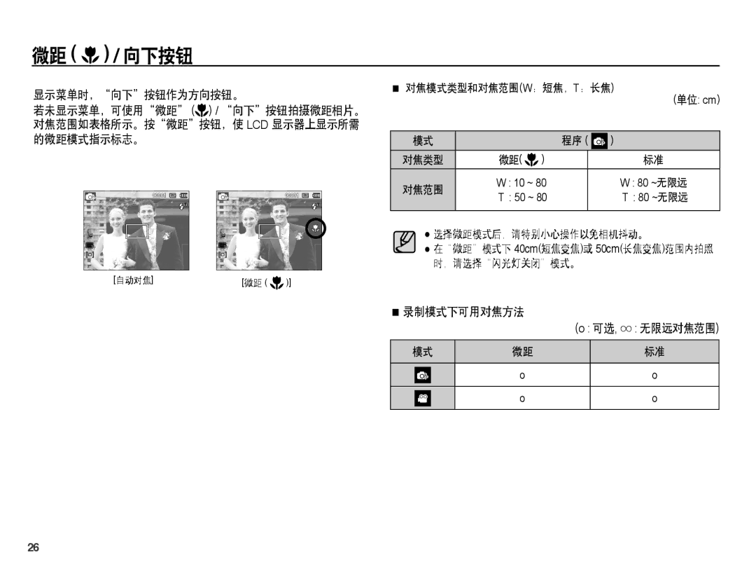 Samsung EC-ST45ZZBPBE2, EC-ST45ZZBPUIT, EC-ST45ZZBPAIT, EC-ST45ZZBPBIT manual 微距 / 向下按钮, 显示菜单时，向下按钮作为方向按钮。, 录制模式下可用对焦方法 