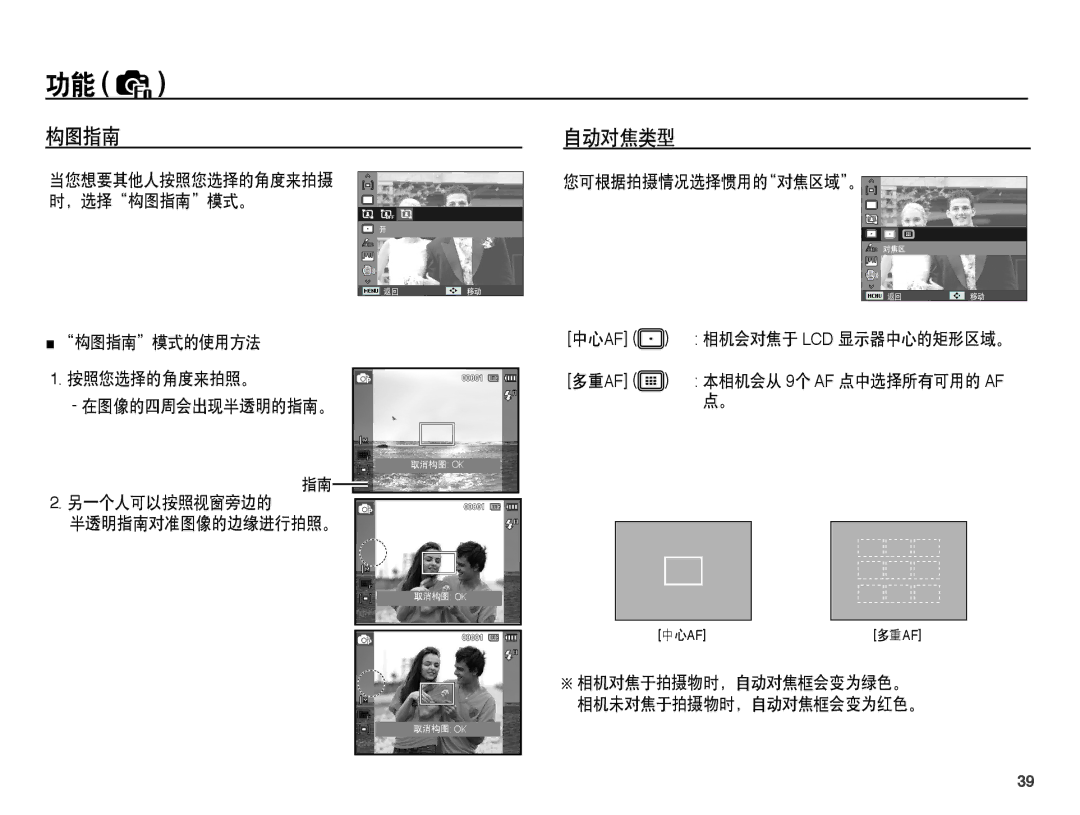 Samsung EC-ST45ZZBPAE3, EC-ST45ZZBPUIT, EC-ST45ZZBPAIT, EC-ST45ZZBPBIT, EC-ST45ZZBPBE3 manual 构图指南 自动对焦类型, 您可根据拍摄情况选择惯用的对焦区域。 