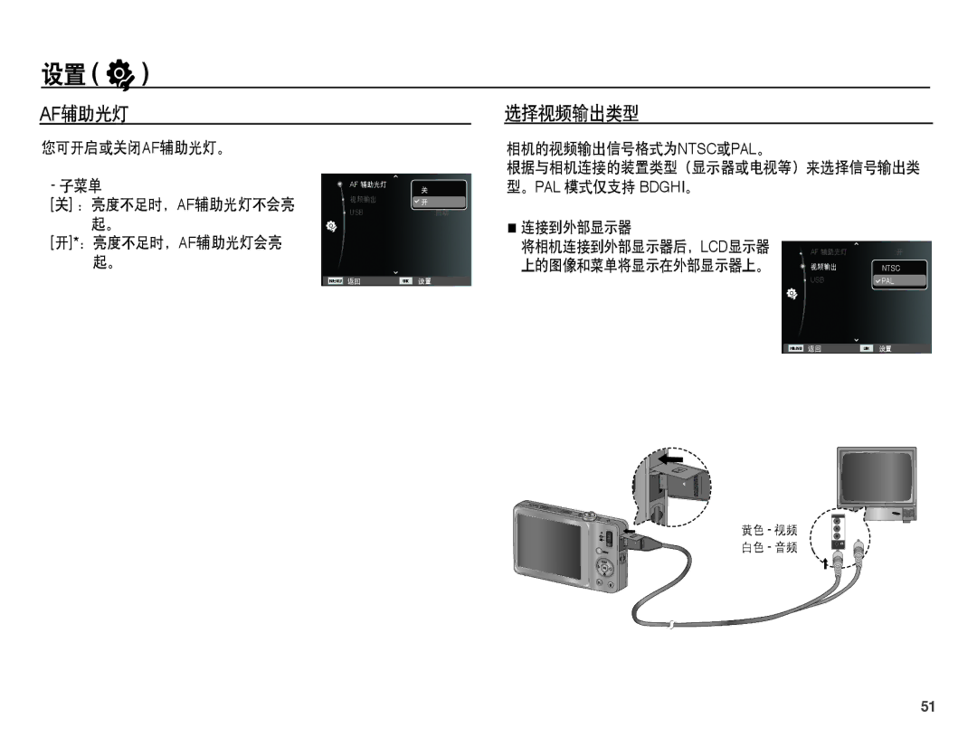 Samsung EC-ST45ZZBPBE3, EC-ST45ZZBPUIT manual 选择视频输出类型, 您可开启或关闭af辅助光灯。 子菜单, ：亮度不足时，Af辅助光灯会亮, 相机的视频输出信号格式为ntsc或pal。 