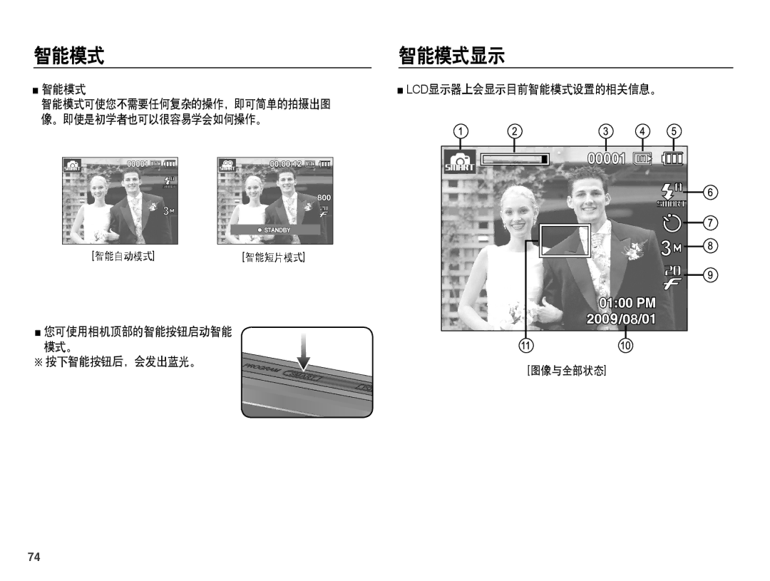 Samsung EC-ST45ZZBPAE3, EC-ST45ZZBPUIT manual 智能模式 智能模式显示, 智能模式 显示器上会显示目前智能模式设置的相关信息。, 您可使用相机顶部的智能按钮启动智能 模式。 Ä按下智能按钮后，会发出蓝光。 