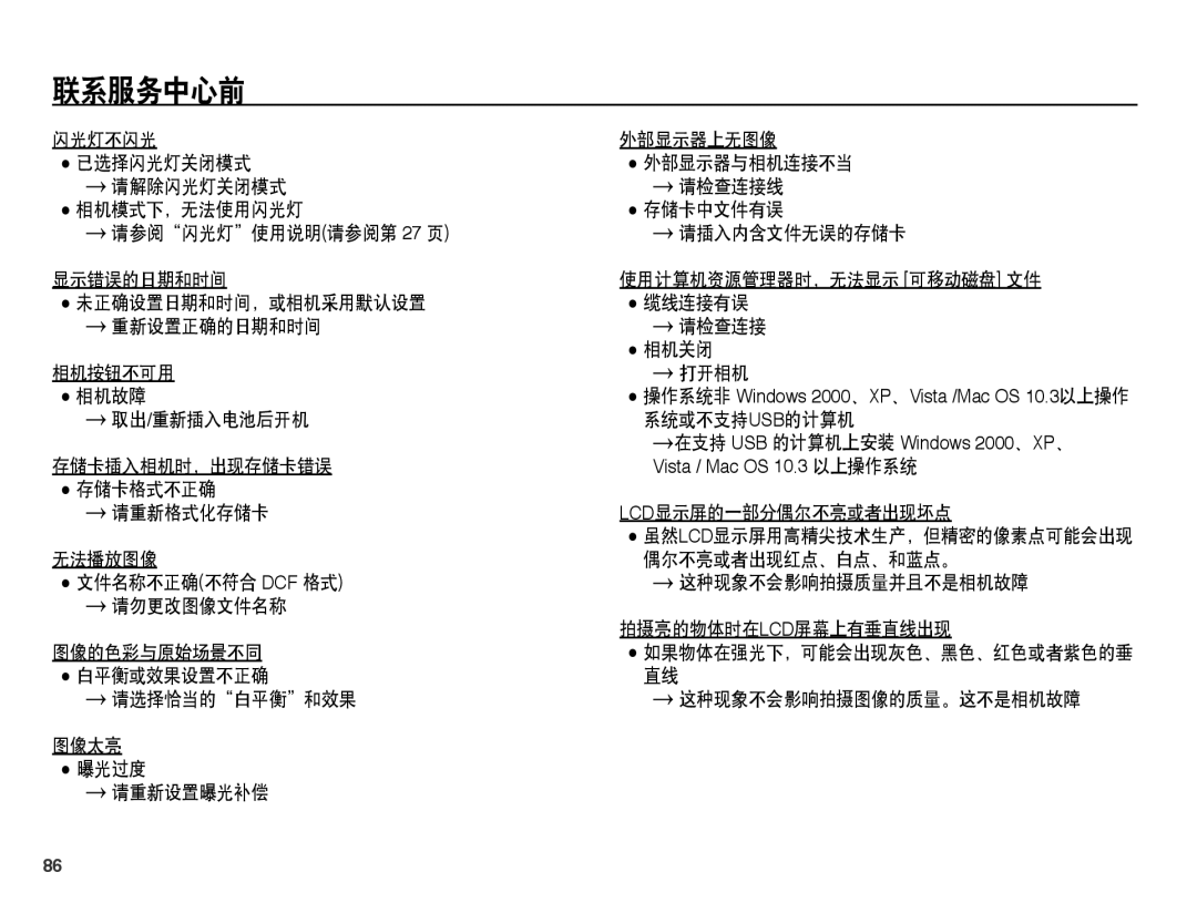 Samsung EC-ST45ZZBPBE3 manual 取出/重新插入电池后开机 系统或不支持usb的计算机, 存储卡插入相机时，出现存储卡错误, 存储卡格式不正确 请重新格式化存储卡 Lcd显示屏的一部分偶尔不亮或者出现坏点 