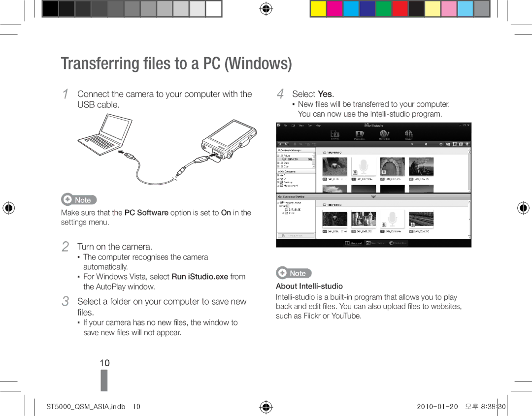 Samsung EC-ST5000BPOSA manual Transferring files to a PC Windows, Connect the camera to your computer with the USB cable 