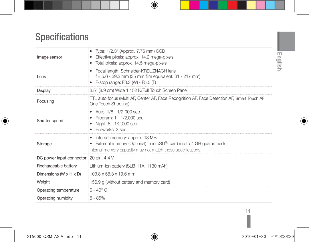 Samsung EC-ST5000BPADZ, EC-ST5000BPBE1, EC-ST5000BPBGS, EC-ST5000BPUIT, EC-ST5000BPBIT, EC-ST5000BPAIT manual Specifications 