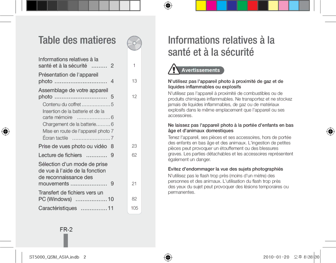 Samsung EC-ST5000DPOIR manual Table des matieres, Informations relatives à la santé et à la sécurité, FR-2, Avertissements 