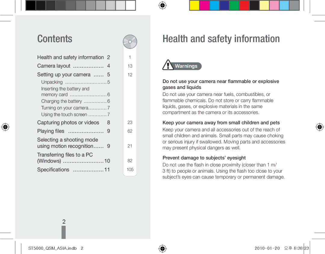 Samsung EC-ST5000BPUIT, EC-ST5000BPBE1, EC-ST5000BPBGS, EC-ST5000BPBIT manual Contents, Health and safety information 