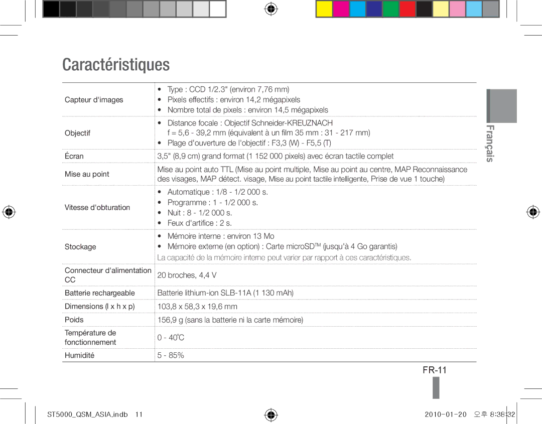 Samsung EC-ST5000BPUSA, EC-ST5000BPBE1 manual Caractéristiques, FR-11, Batterie rechargeable Dimensions l x h x p Poids 