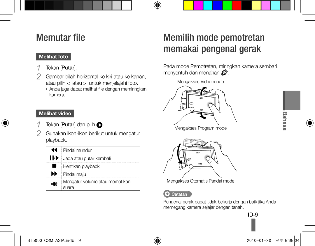 Samsung EC-ST5000BPBGS, EC-ST5000BPBE1, EC-ST5000BPUIT, EC-ST5000BPBIT manual Memutar file, ID-9, Melihat foto, Melihat video 