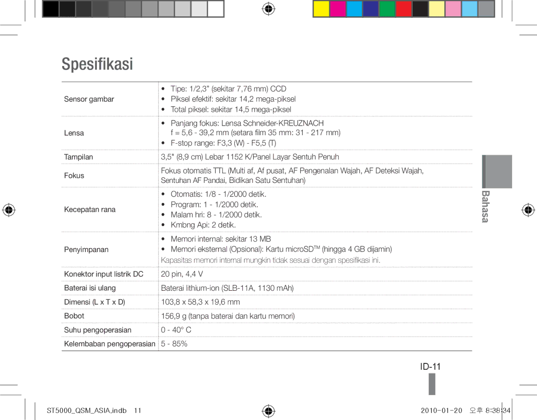 Samsung EC-ST5000BPBIT, EC-ST5000BPBE1 manual Spesifikasi, ID-11, Tipe 1/2,3 sekitar 7,76 mm CCD, Stop range F3,3 W F5,5 T 