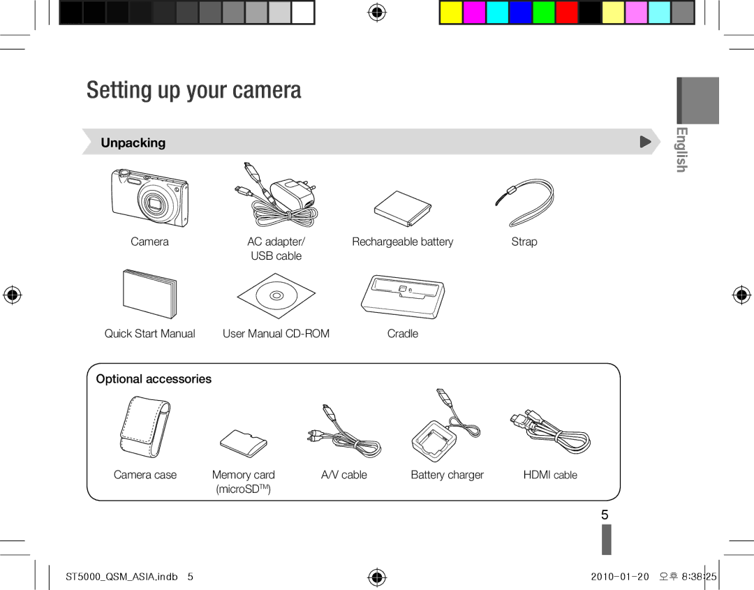 Samsung EC-ST5000BPOIT, EC-ST5000BPBE1, EC-ST5000BPBGS manual Setting up your camera, Unpacking, Optional accessories 