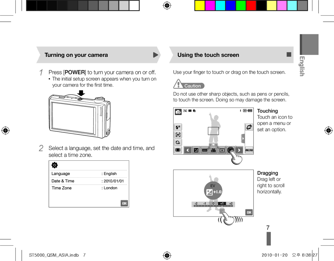 Samsung EC-ST5000DPUME, EC-ST5000BPBE1, EC-ST5000BPBGS manual Turning on your camera, Your camera for the first time 