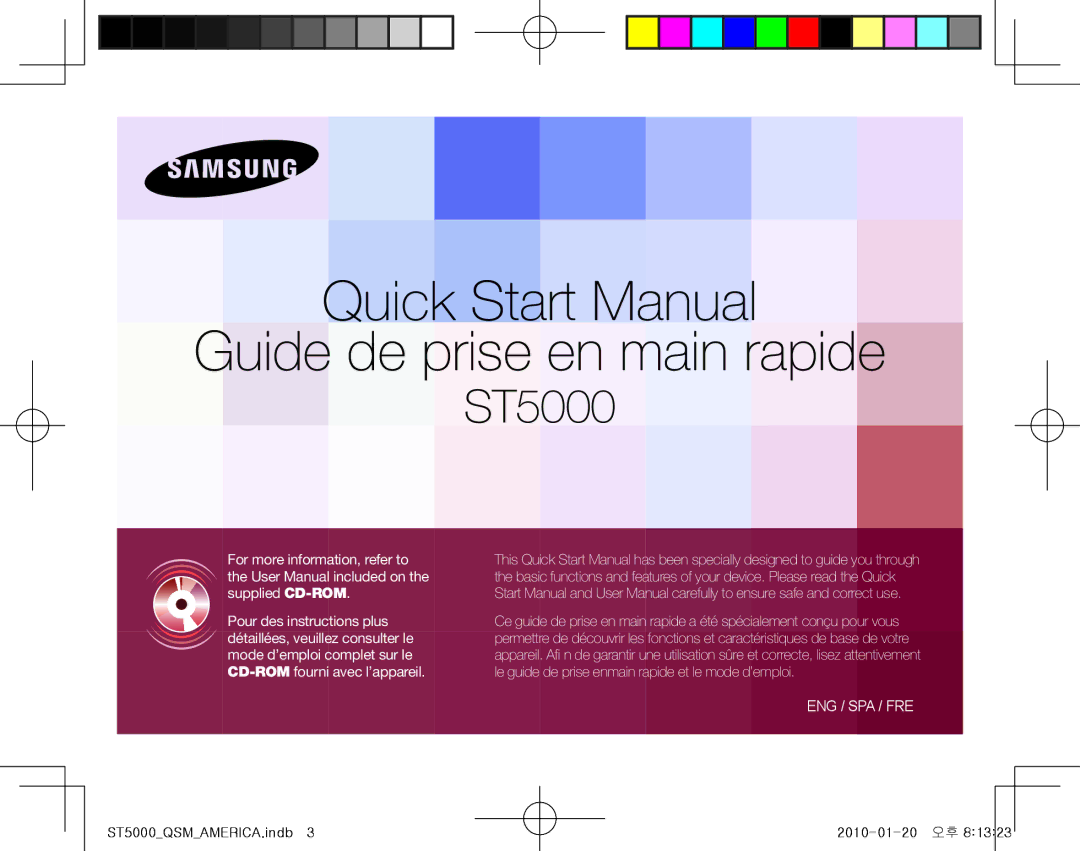 Samsung EC-ST5000BPBGS, EC-ST5000BPBE1, EC-ST5000BPUIT manual Quick Start Manual Guide de prise en main rapide 